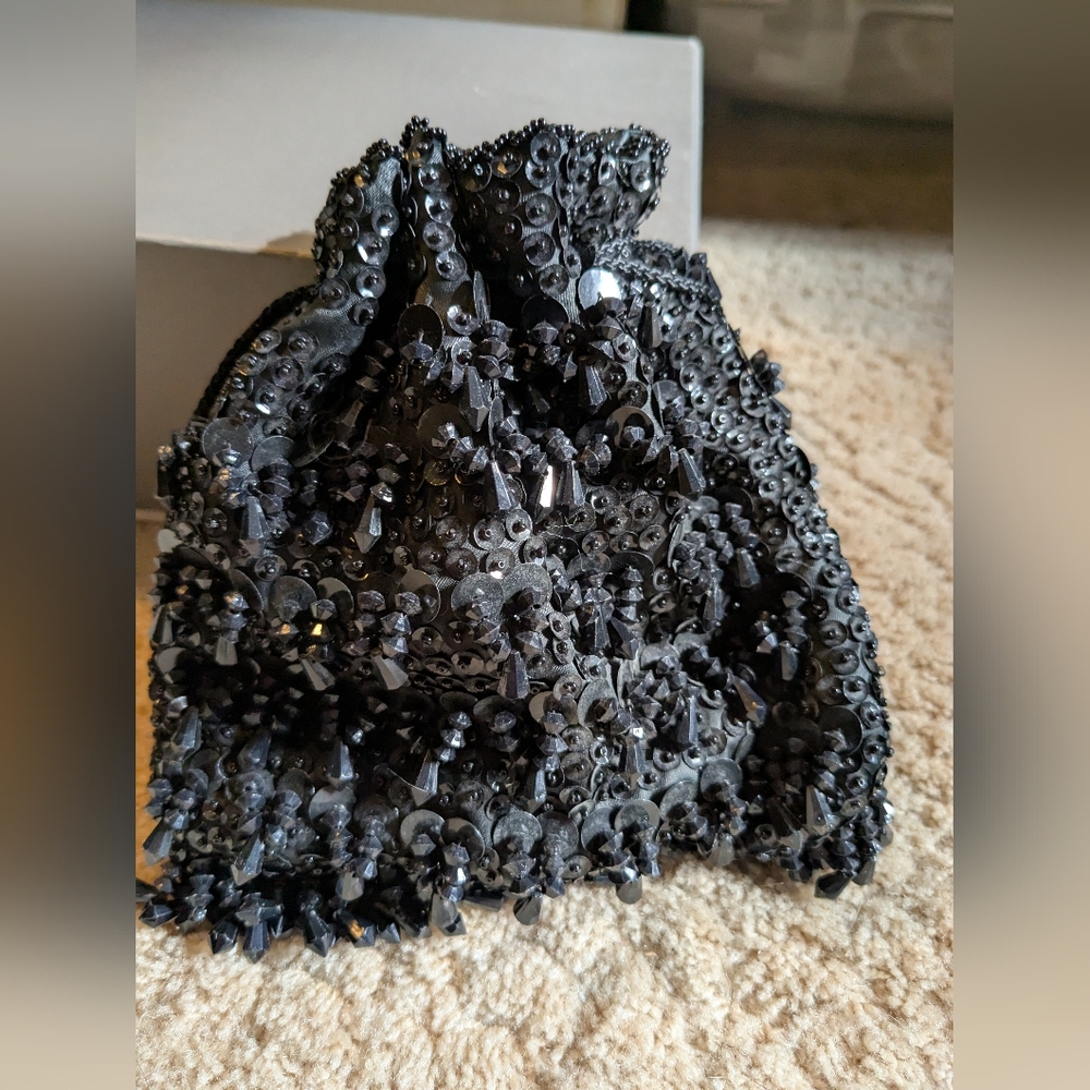 Vintage Black Beaded Drawstring Bag